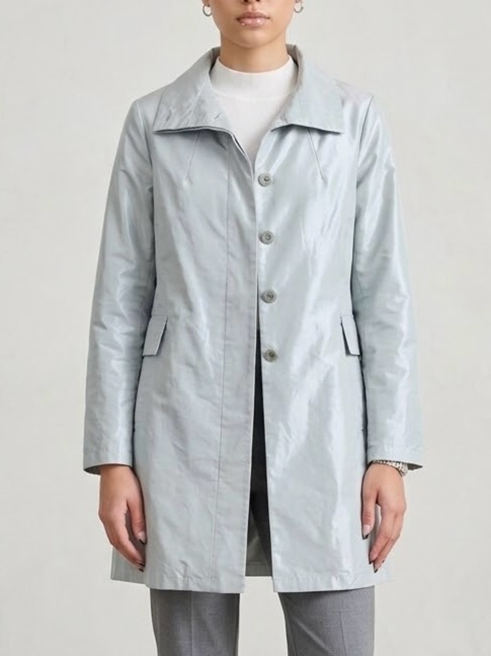 CARLISLE Light Blue Silver Iridescent Taffeta Button Car Coat Trench Jacket